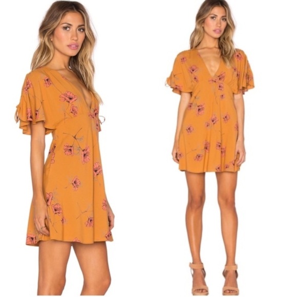Free People Drapey Melanie Flutter Sleeve Mini Dress Mustard Combo - Picture 9 of 10